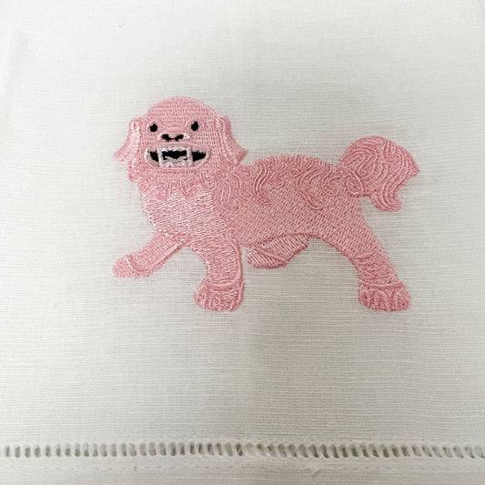 (26306) Embroidered Pink Foo Dog Linen Towel