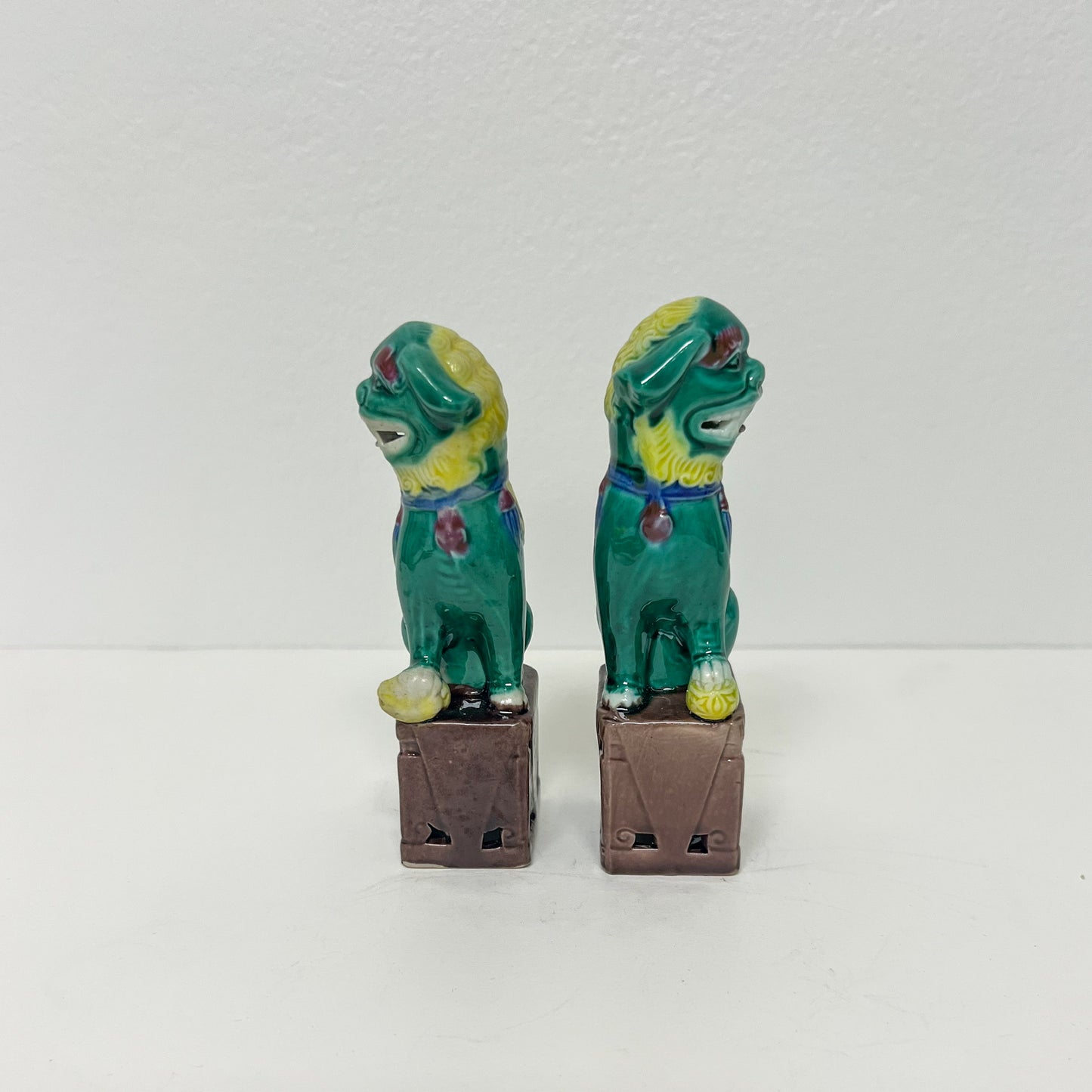 (21156) Pair of Small Green and Yellow Midcentury Foo Dogs