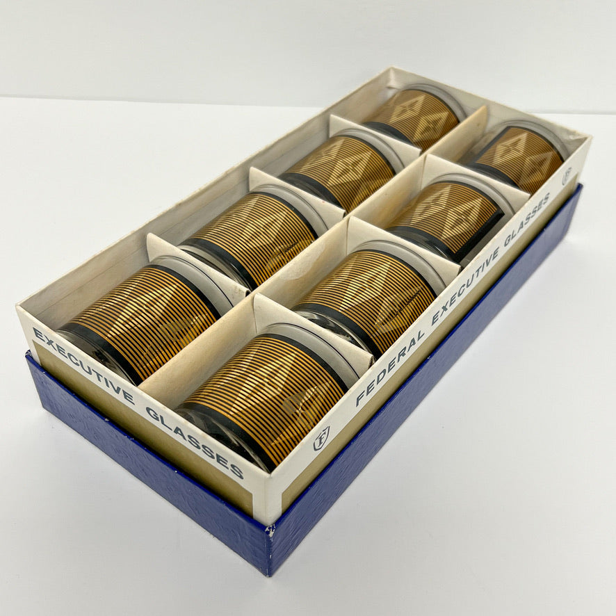 (23329) Set of Eight Midcentury Federal Executive Glasses in Black and Gold