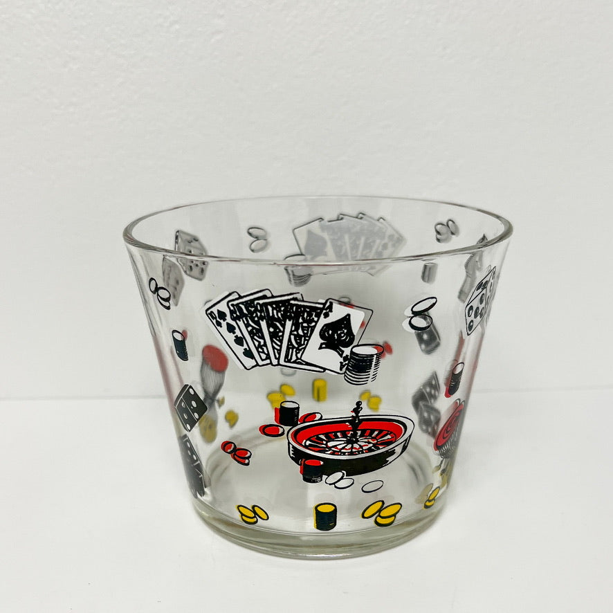 (26115) Set of Six Midcentury Hazel Atlas Casino Game Glasses and Ice Bucket