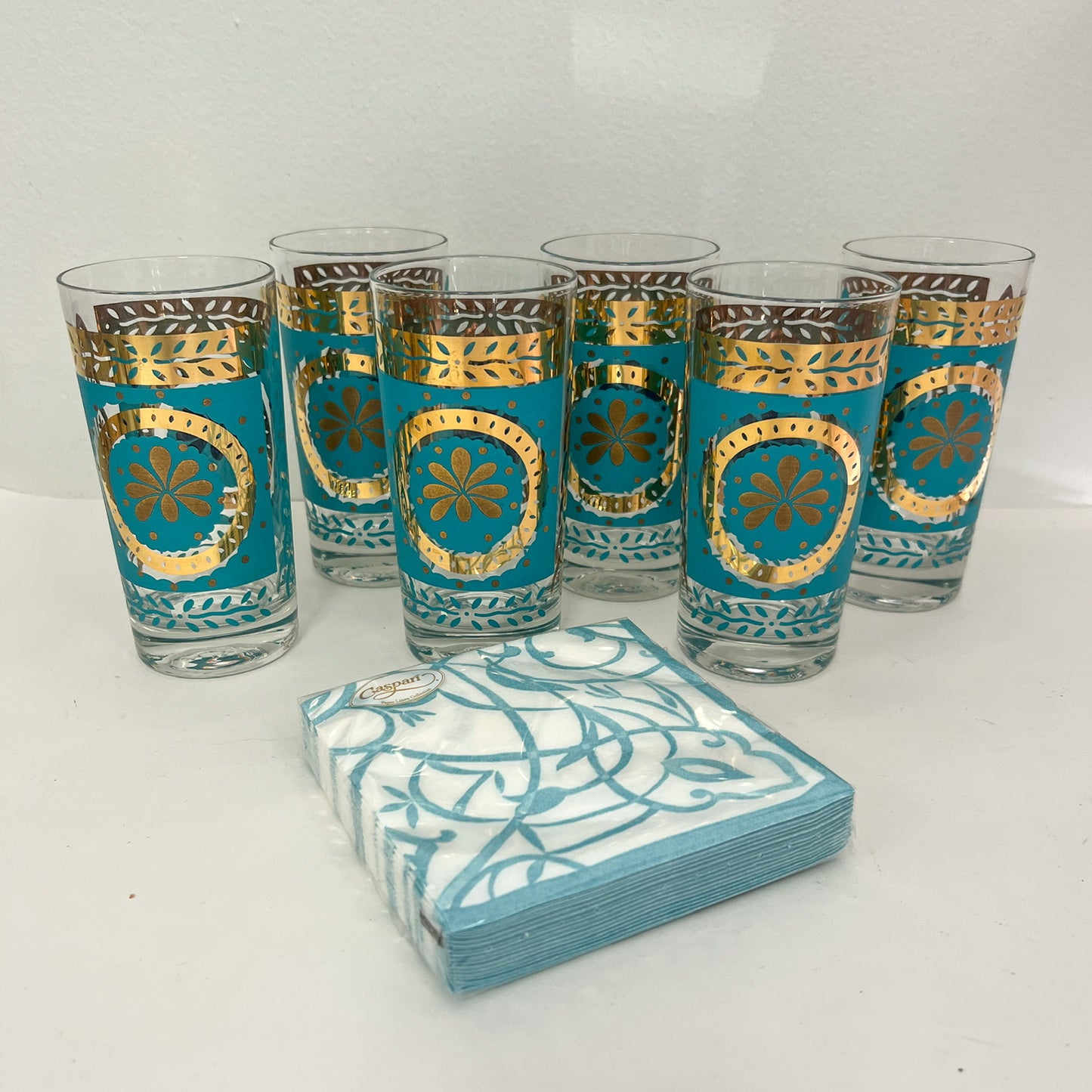 (21647) Set of Six Midcentury Gold & Teal Tumblers