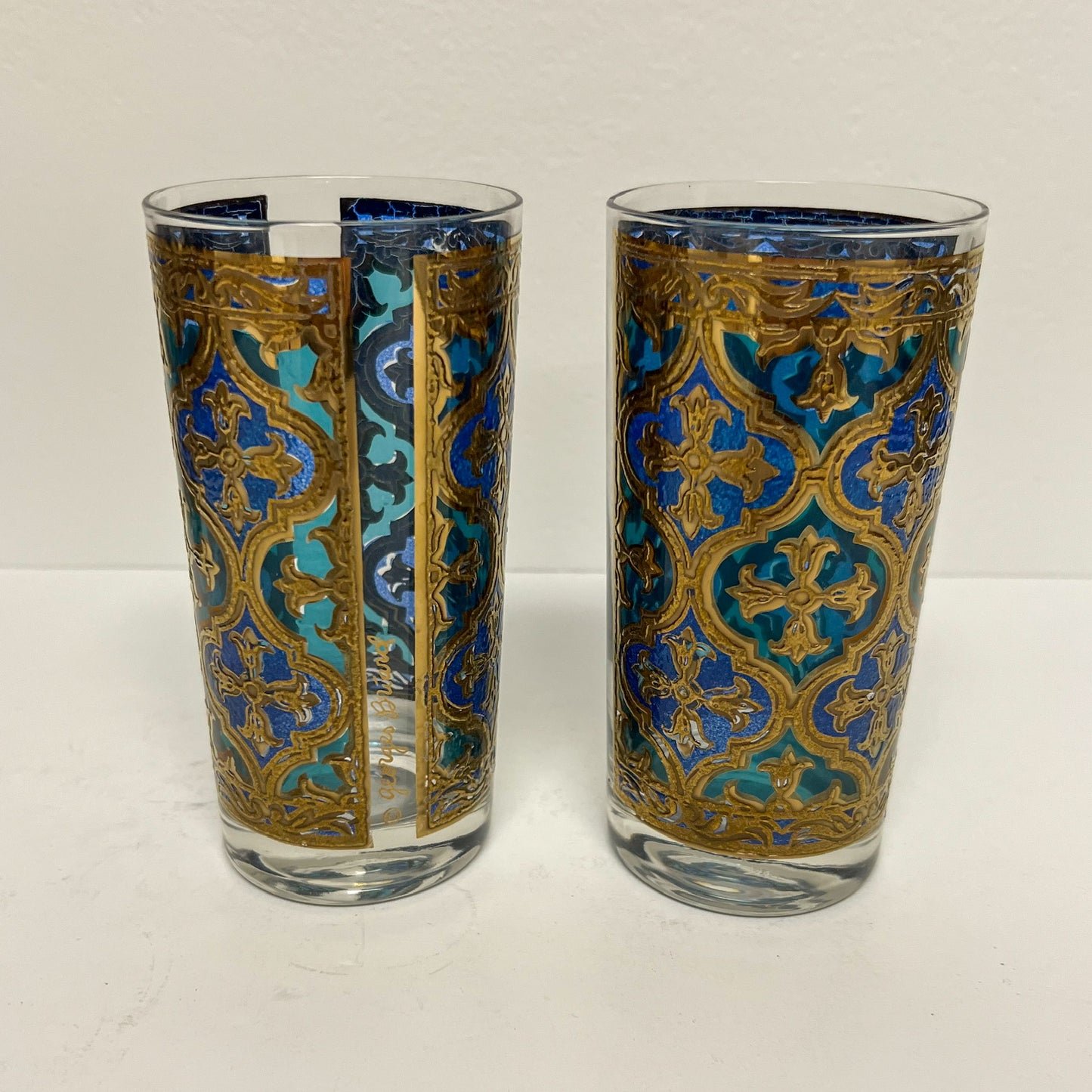 (25210) Set of Six Midcentury Blue, Turquoise, and Gold Georges Briard Tumblers