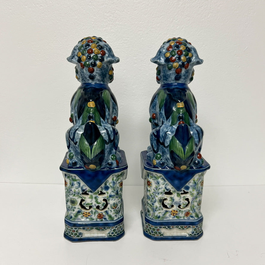 (26172) Pair of Fine Porcelain Blue Multi Colored Foo Dogs