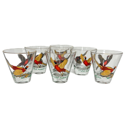 (23316) Set of Six Gold Rimmed Pheasant Whiskey Glasses