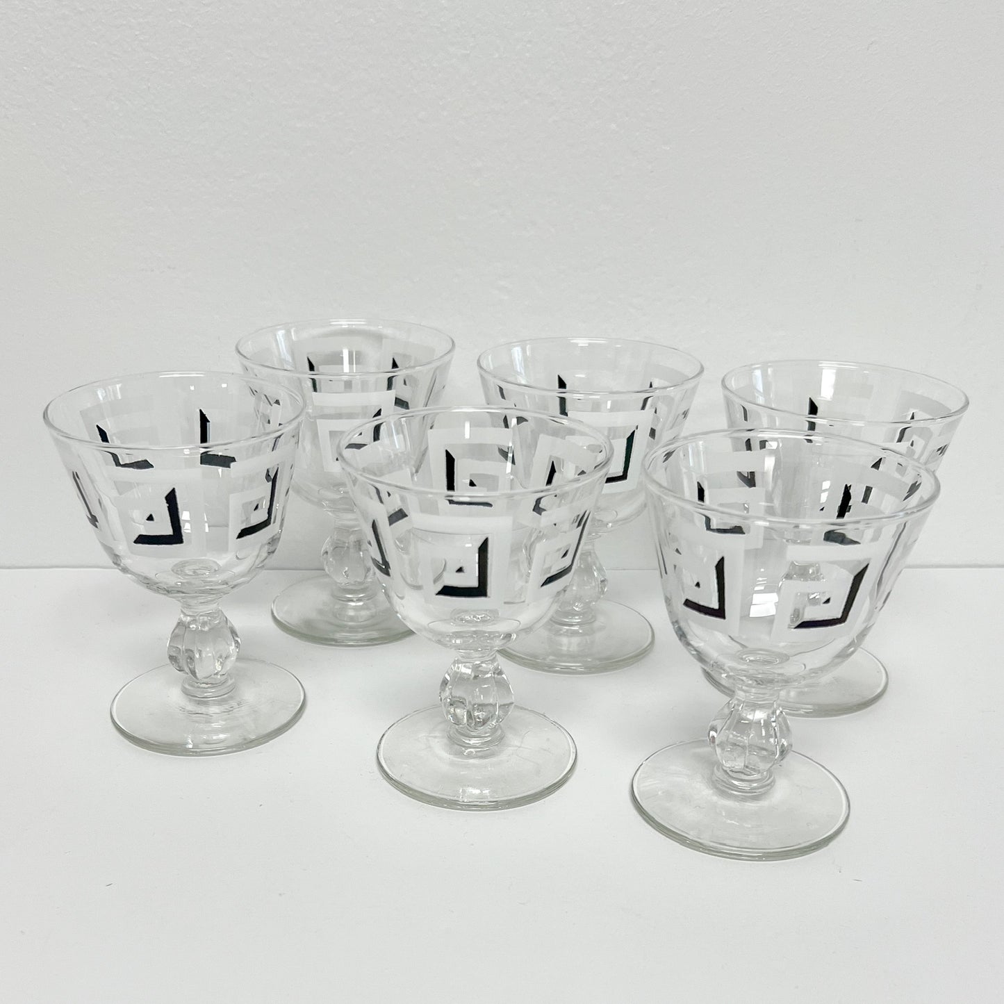(23472) Set of Six Midcentury Black and White Greek Key Footed Glasses