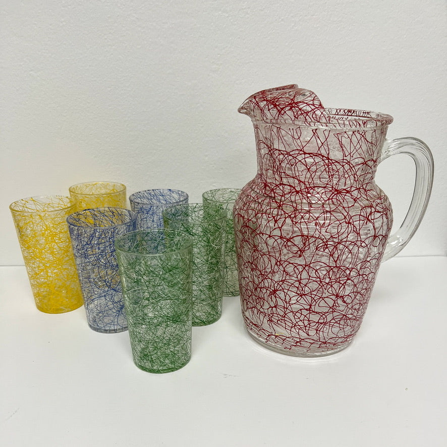 (23755) Ca. 1950's Stringware PItcher and Seven Glasses