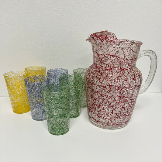(23755) Ca. 1950's Stringware PItcher and Seven Glasses