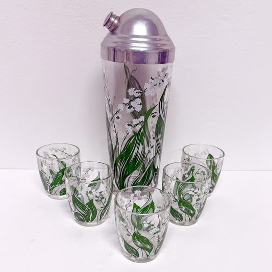 (23887) Ca. 1950's Lily of the Valley Shaker Set with Five Glasses