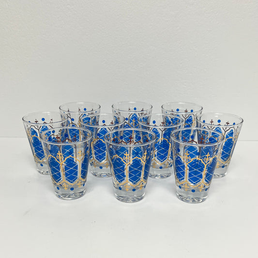 (24708) Set of Ten Blue with Scroll Midcentury Sipping Glasses