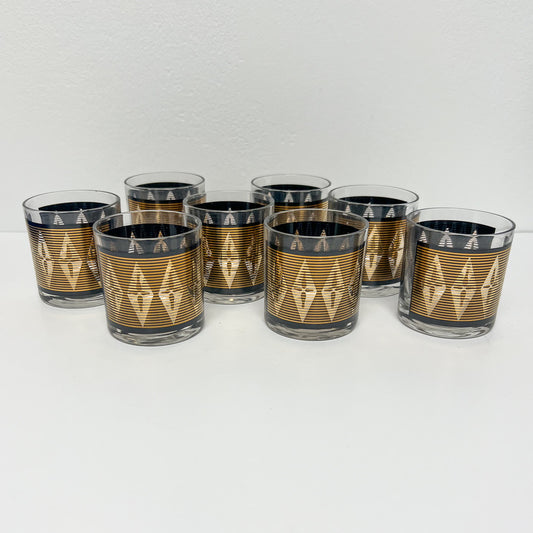 (23329) Set of Eight Midcentury Federal Executive Glasses in Black and Gold