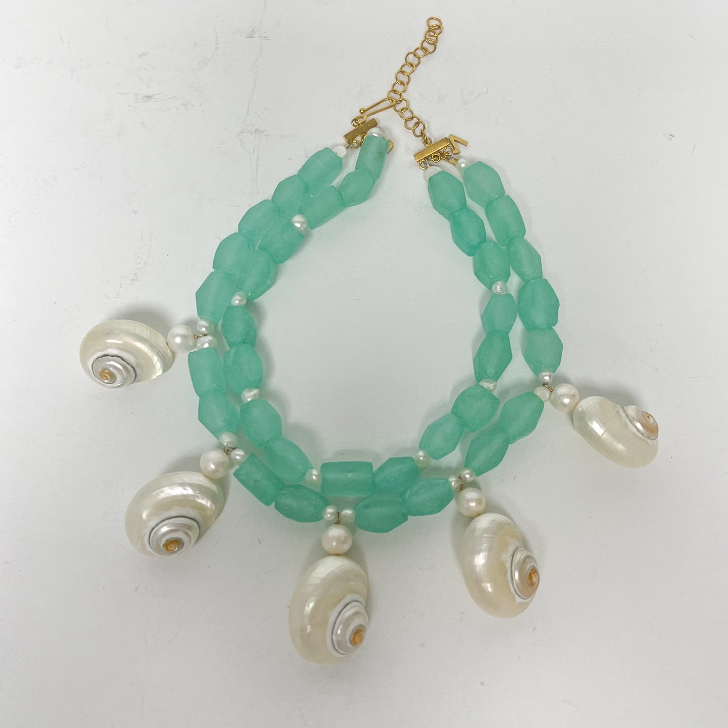 (26241) Capri Double Strand Aqua Glass Beads Shells and Freshwater Pearls Necklace