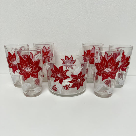 (23677) Set of Six Hazel Atlas Poinsettia Tumblers Plus Ice Bucket