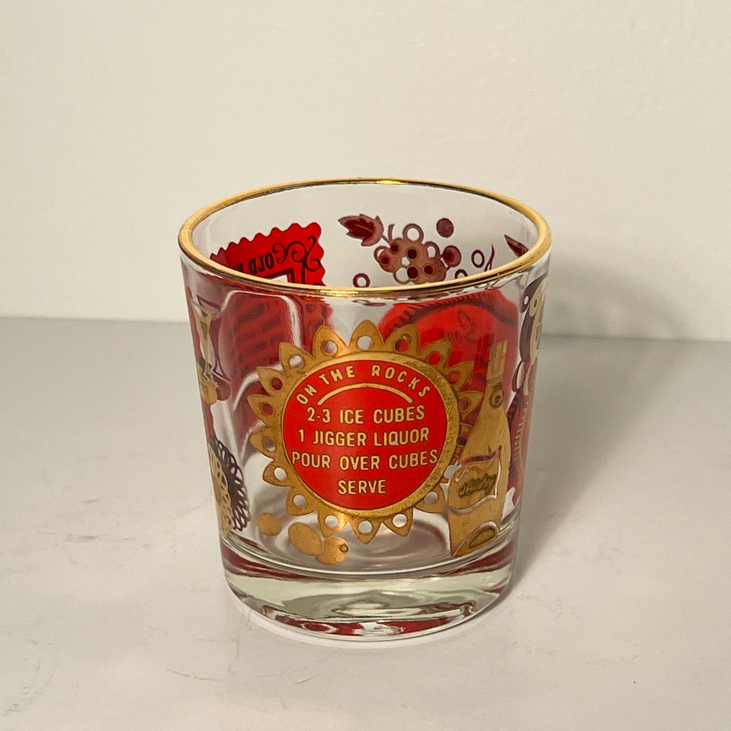 (23722) Set of Four Midcentury Red and Gold Recipe Rocks Glasses