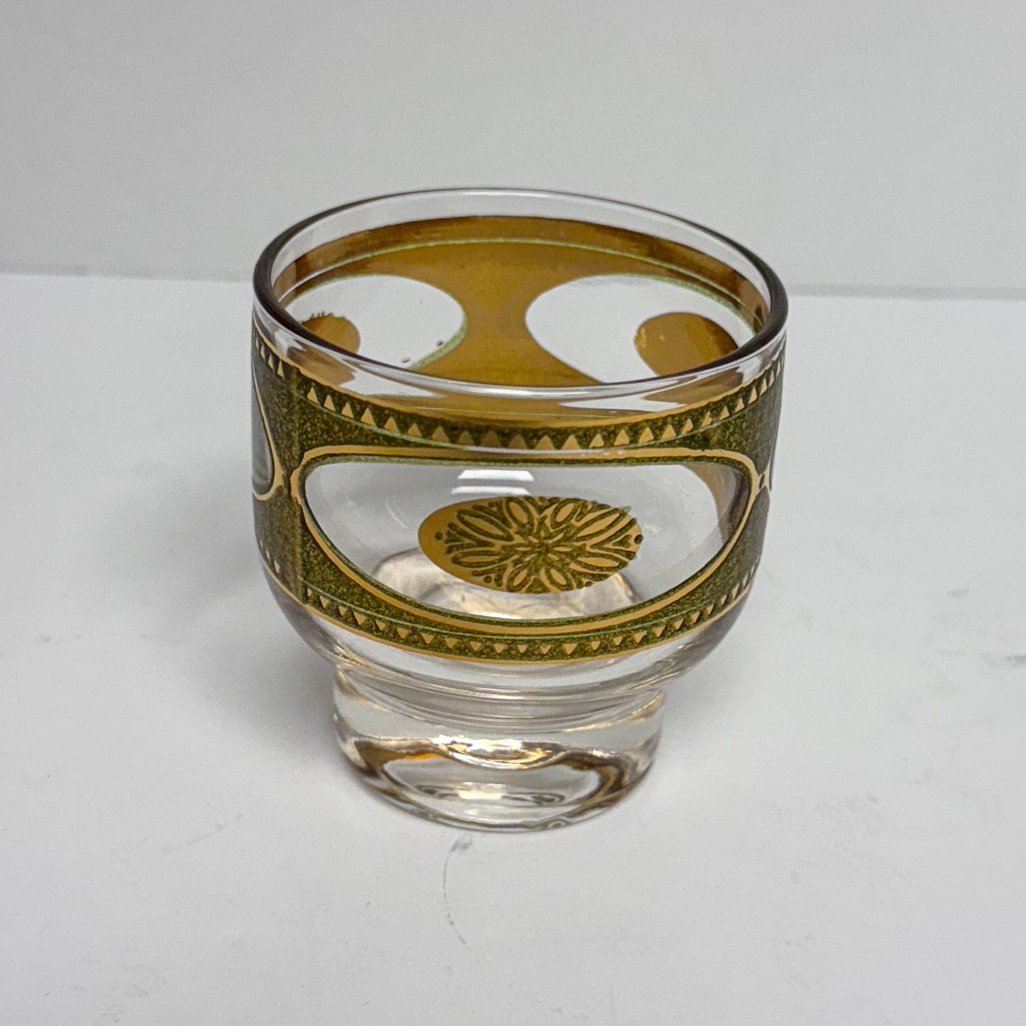 (23049) Set of Four Midcentury Gold and Sage Green Footed Glasses