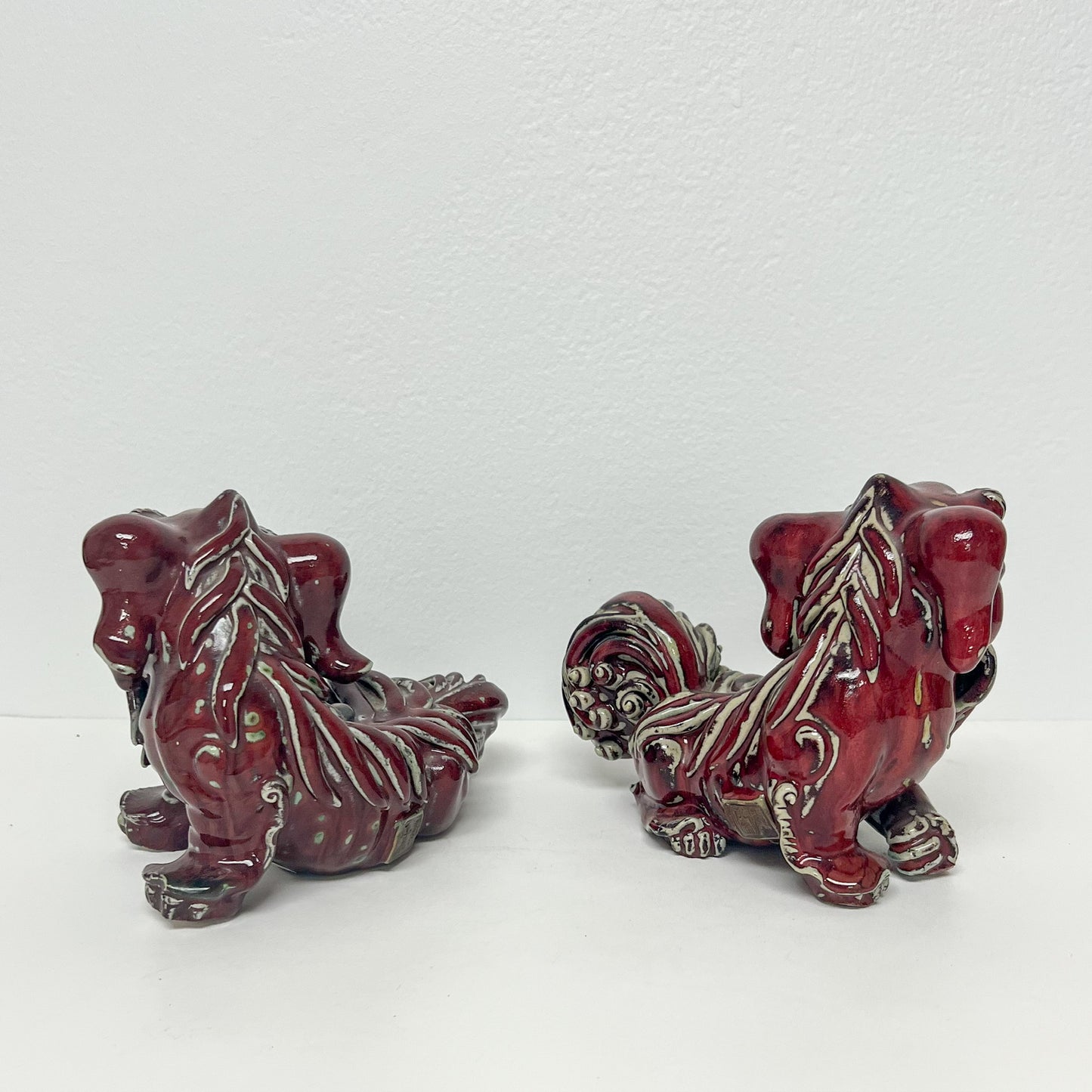 (21246) Pair of Red Pottery Foo Dogs