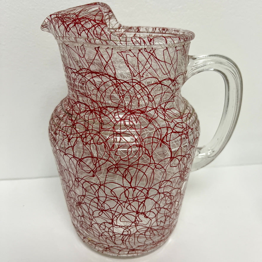 (23755) Ca. 1950's Stringware PItcher and Seven Glasses