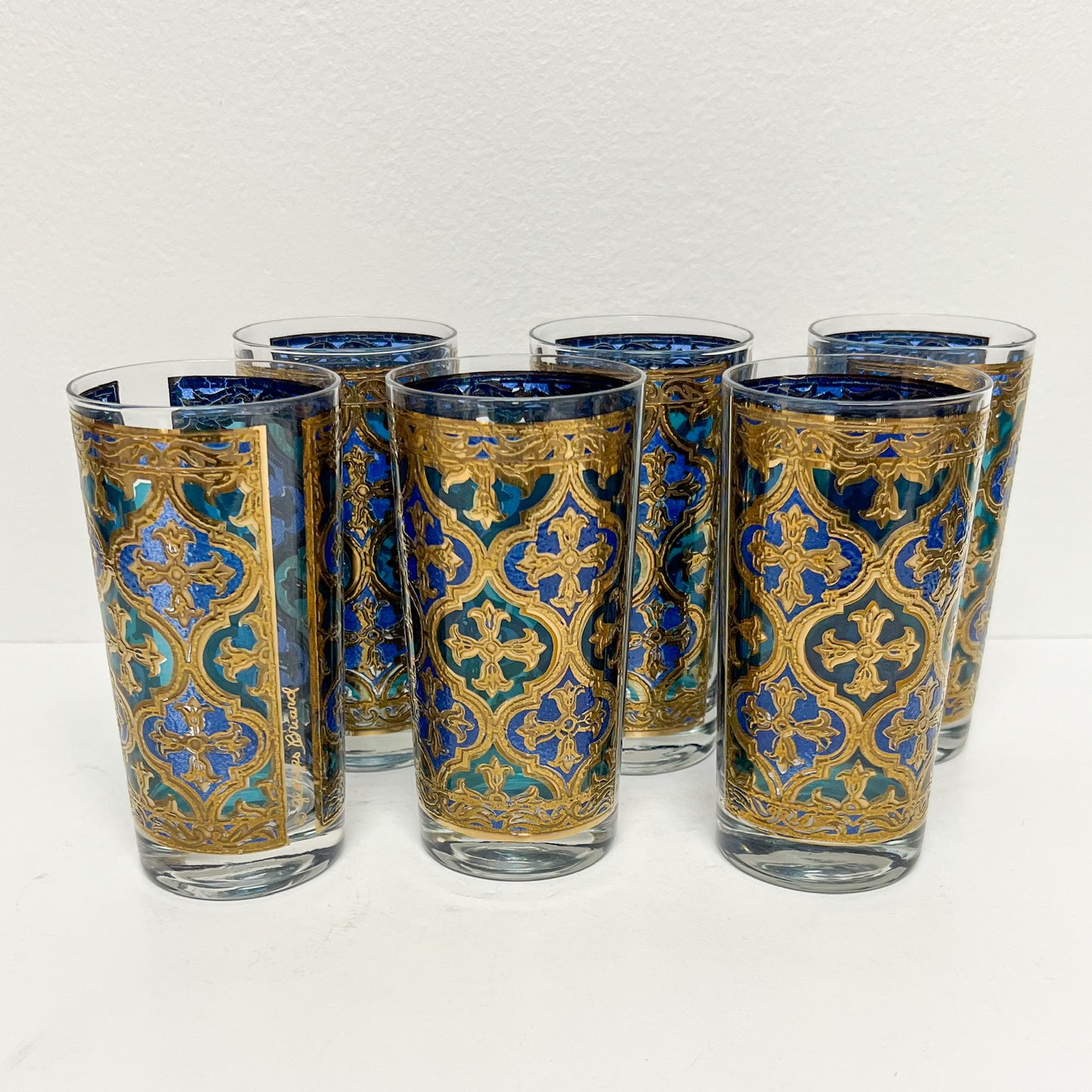 (25210) Set of Six Midcentury Blue, Turquoise, and Gold Georges Briard Tumblers