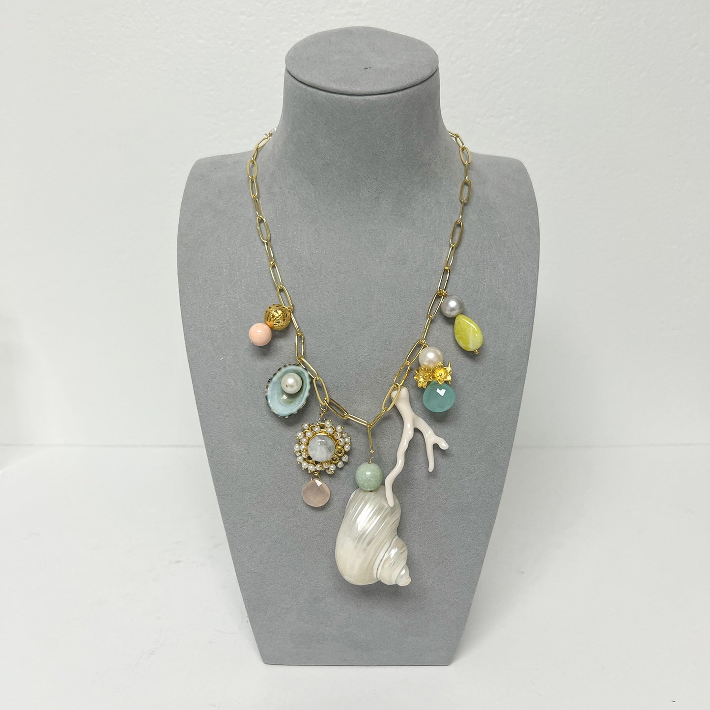 (26247) Dunmore Gold Paper Clip Chain with Seven Charms and Stones Necklace (Two Color Options)