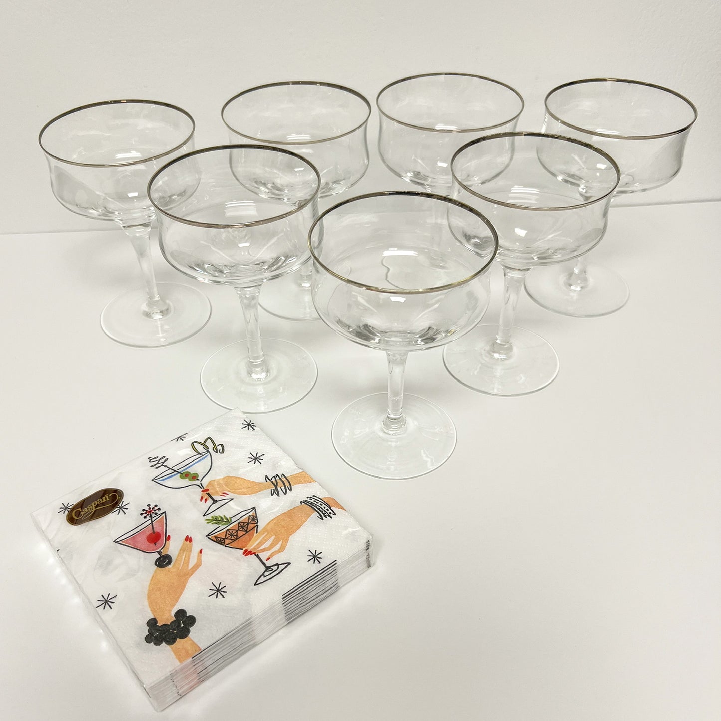 (23315) Set of Seven Midcentury Platinum Rimmed Coupes