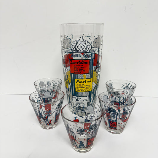 (20913) Paris Themed Mixing Glass and Set of Five Glasses
