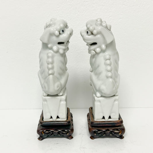 (26451) Pair of Ca. 1920 Blanc Chine Foo Dogs with Wooden Stands