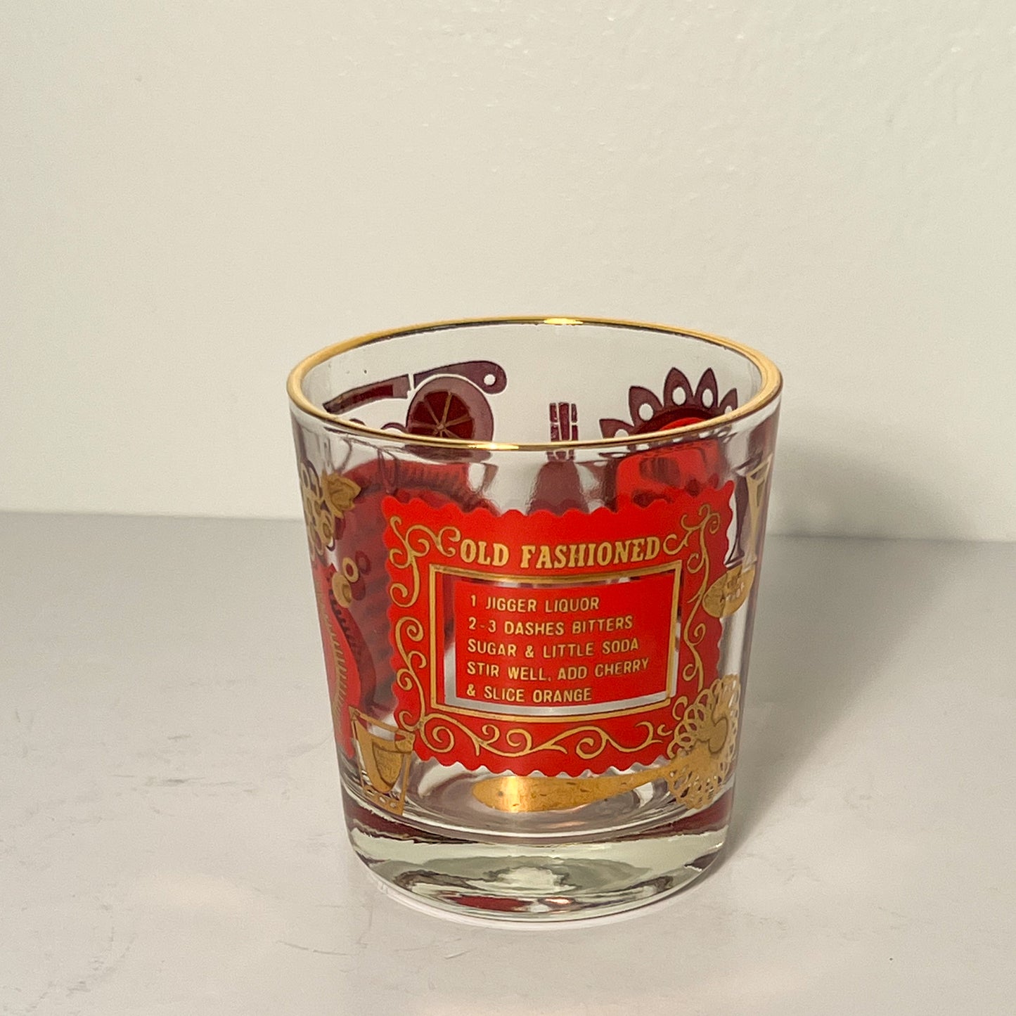(23722) Set of Four Midcentury Red and Gold Recipe Rocks Glasses