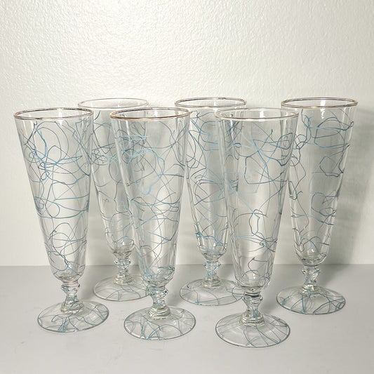 (24596) Set of Six Midcentury Light Blue Drizzle Pilsners