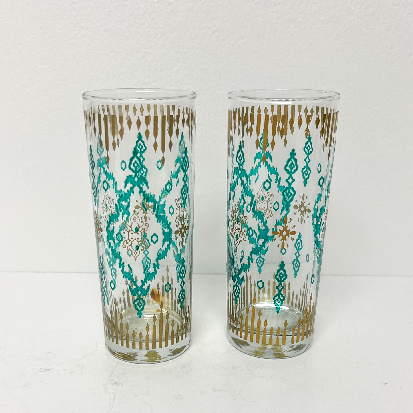 (25696) Set of Four Midcentury Teal and Gold Collins Glasses