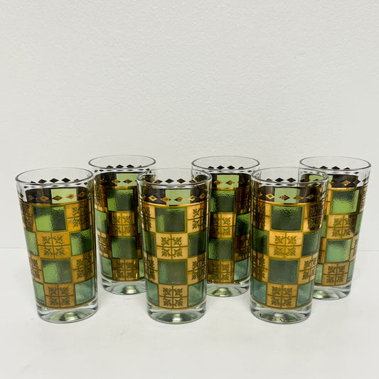 (24975) Set of Six Midcentury Continental Green and Gold Tumblers