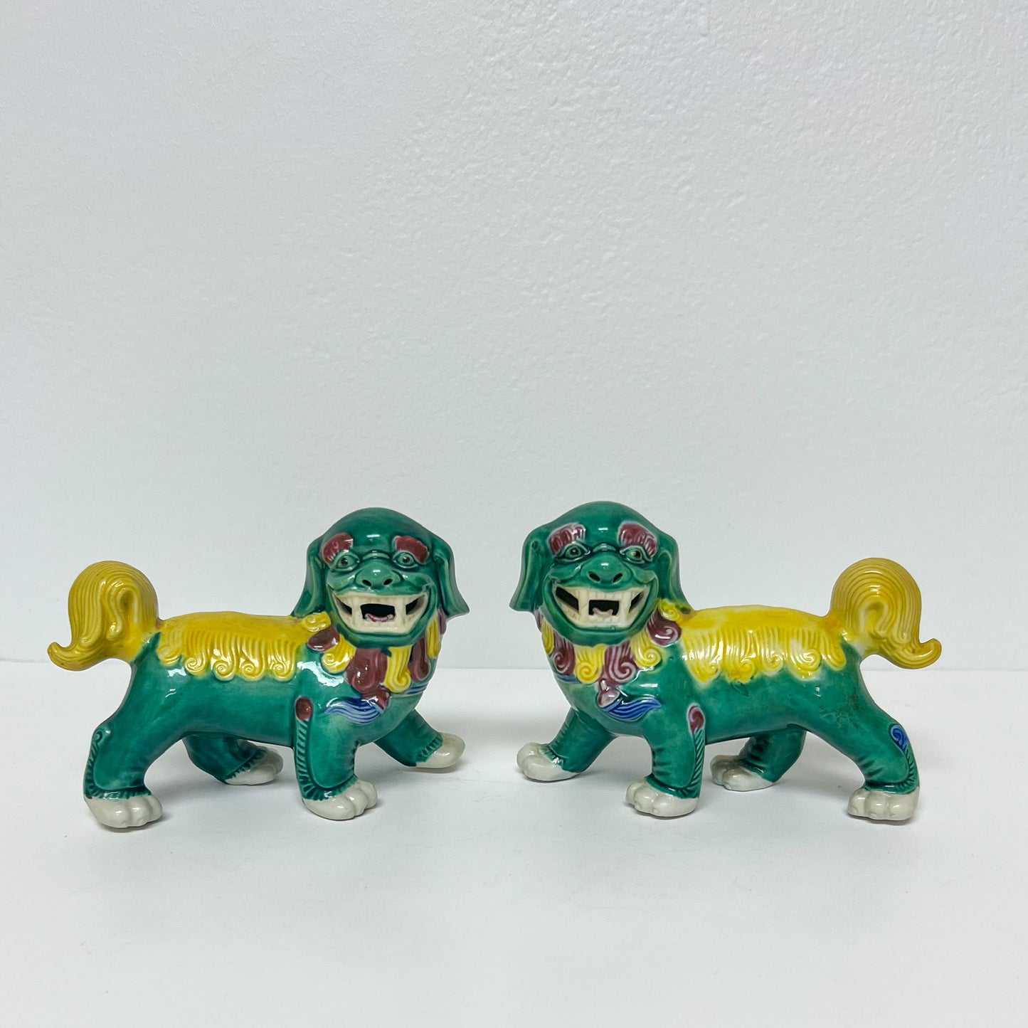 (22830) Pair of Midcentury Yellow and Green Foo Dogs on All Fours