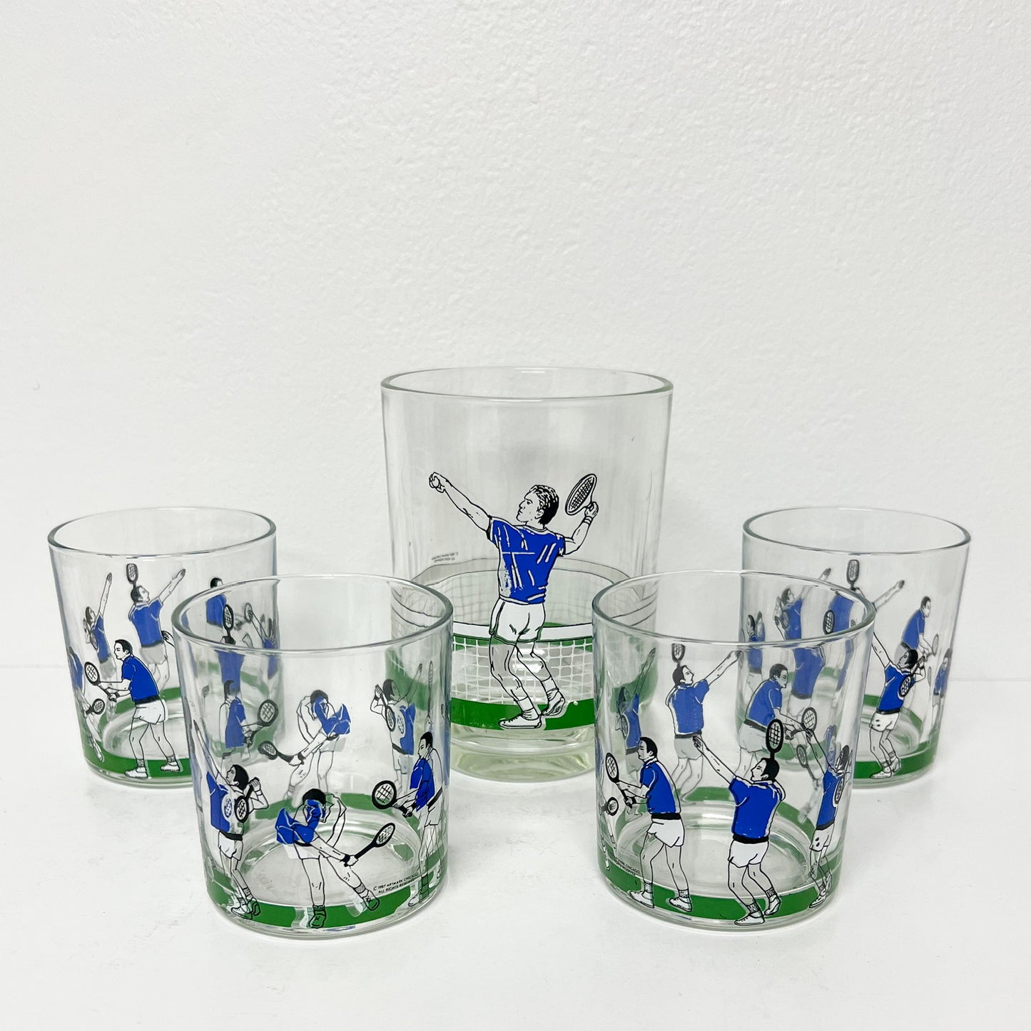 (18048) Set Of 4 Vintage Artmark Tennis Glasses Plus Ice Bucket
