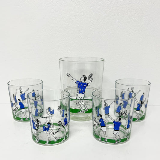 (18048) Set Of 4 Vintage Artmark Tennis Glasses Plus Ice Bucket