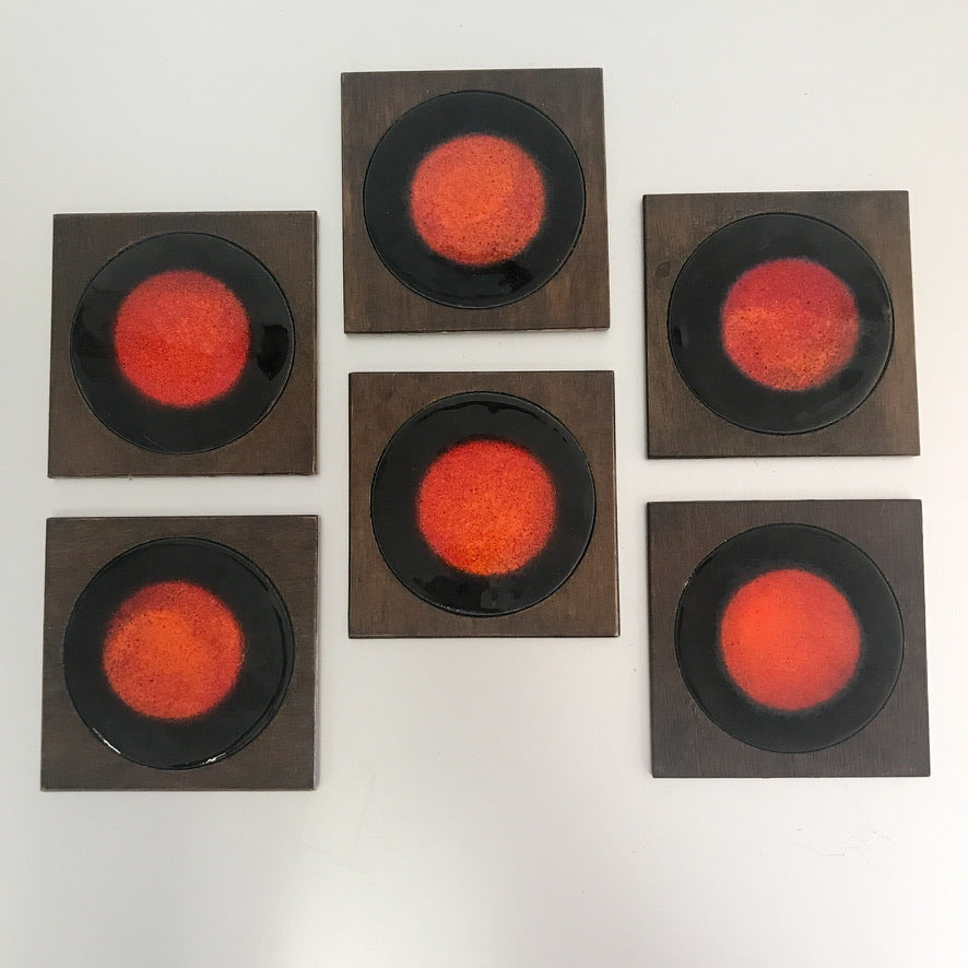 (20273) Set of Six Midcentury Enamel Coasters Orange