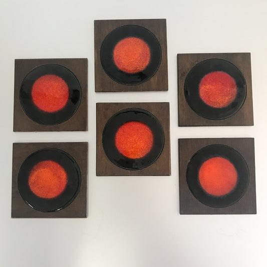 (20273) Set of Six Midcentury Enamel Coasters Orange