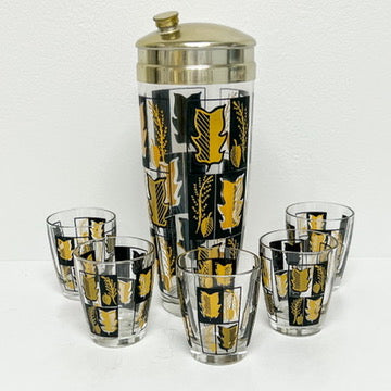 (21555) Black and Gold Leaf Shaker Set with Five Glasses
