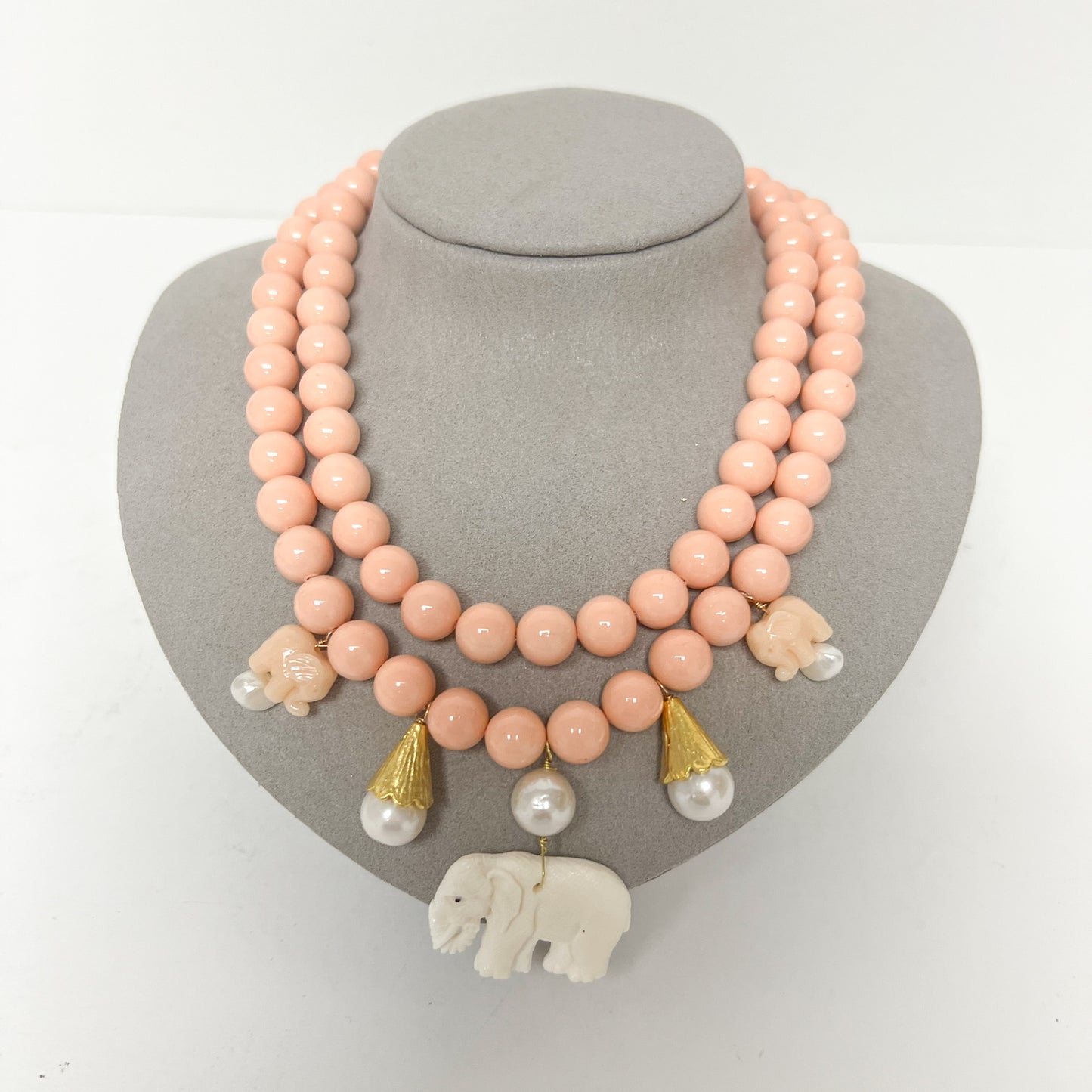 (26242) Celeste Double Strand Pink Mother of Pearl with Elephants Necklace