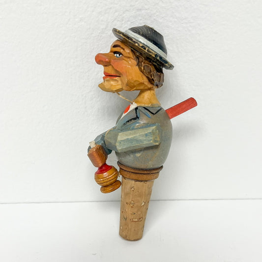 (26088) Circa 1930's Wooden Stopper--Hobo with Movable Wine Bottle