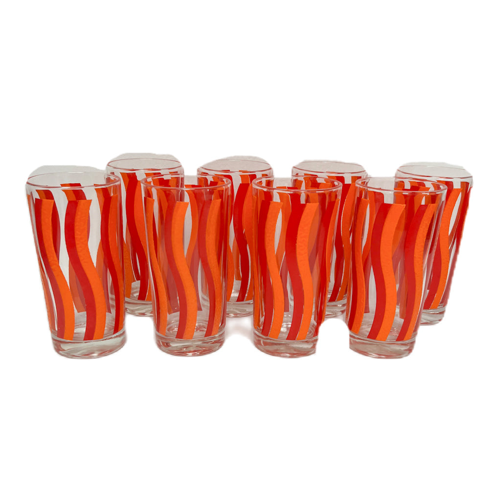 (23507) Set of Eight Midcentury Red and Orange Striped Tumblers