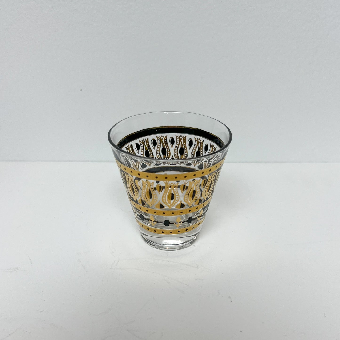 (25819) Set of Six Midcentury Black and Gold Glasses with Martini Pitcher by Fred Press