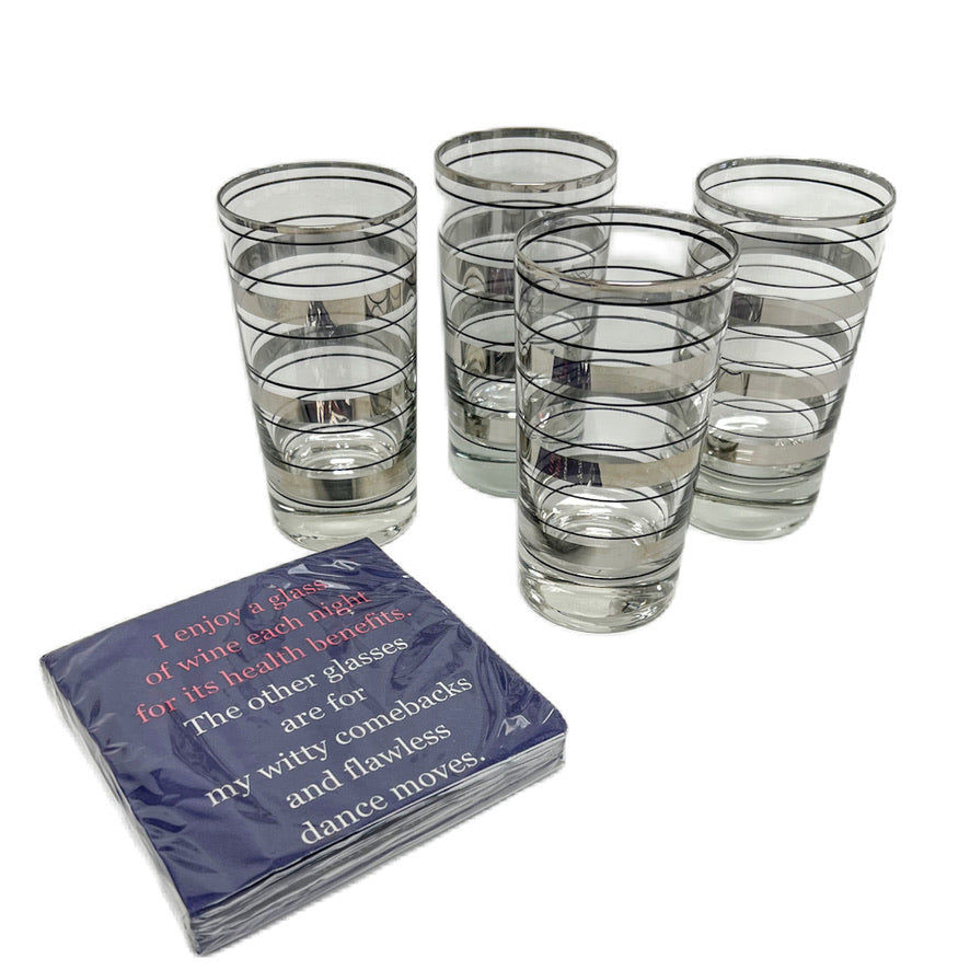 (23463) Set of Four Midcentury Modern Silver Striped Glasses