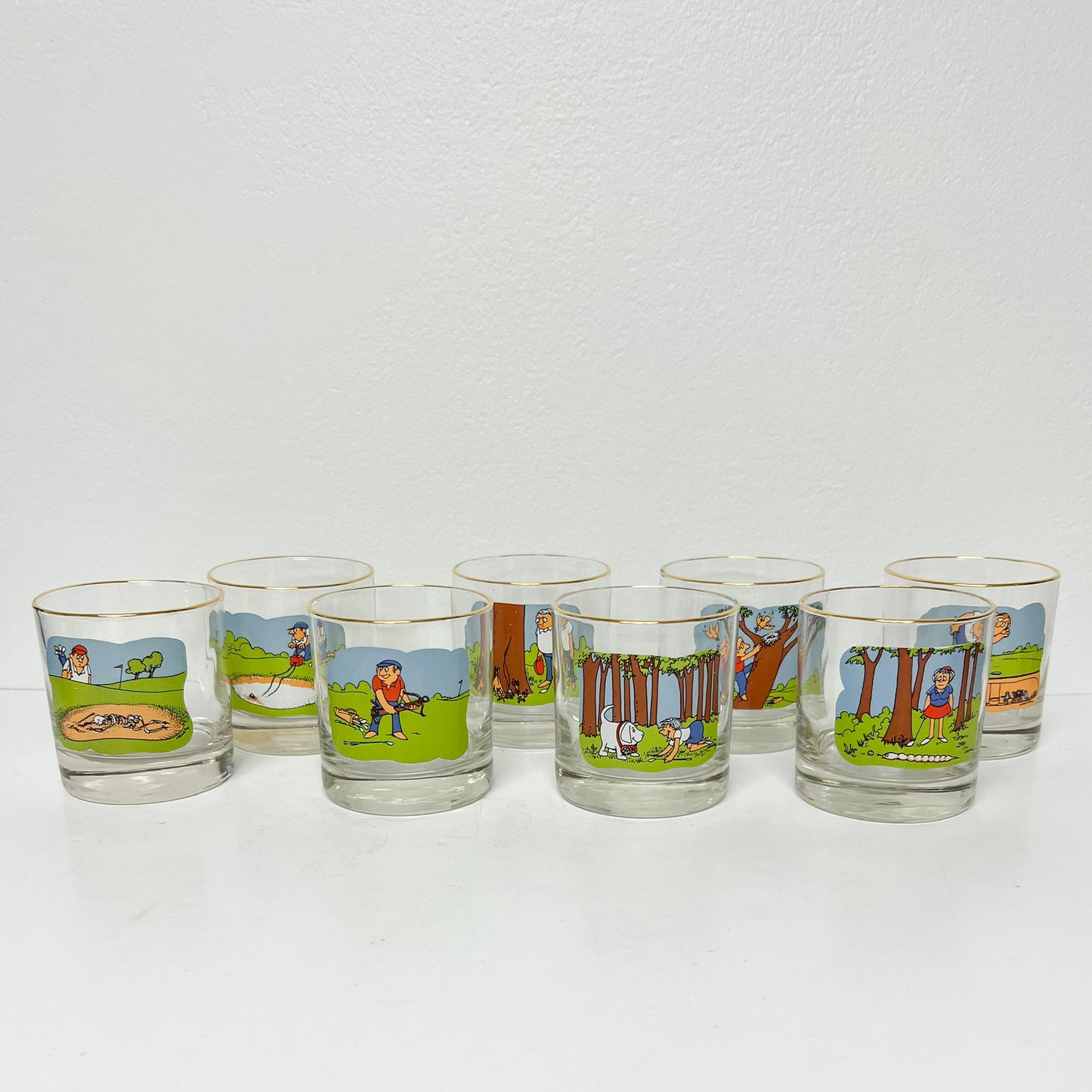 (25754) Set of Eight Vintage Golf Rocks Glasses Signed "Ashby"