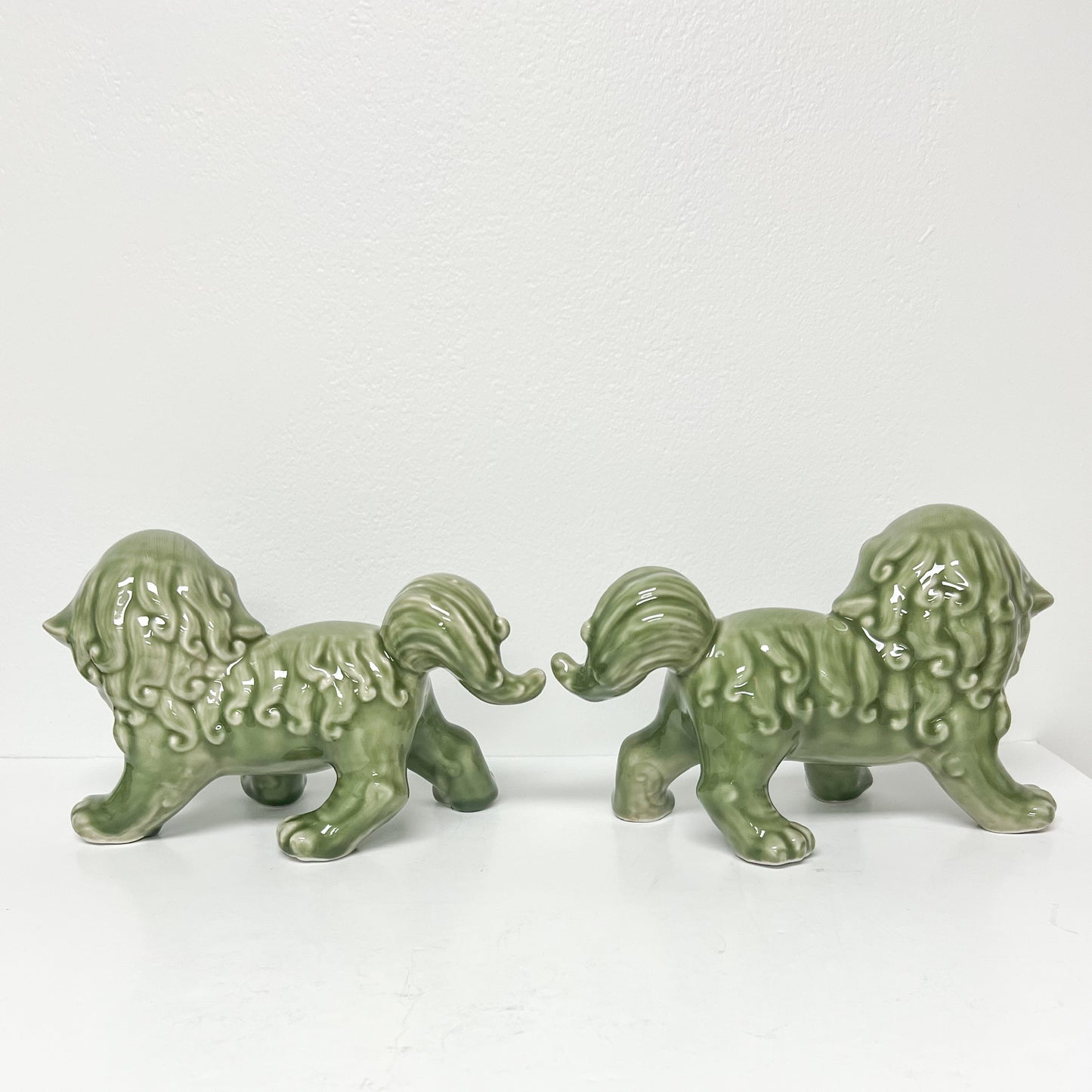 (26282) Pair of Deep Celadon Green Foo Dogs on All Fours