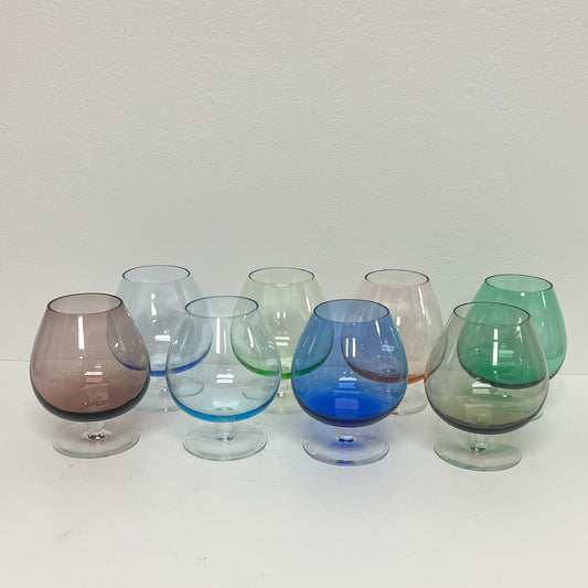 (25026) Set of Eight Multi Colored Midcentury Brandy Snifters