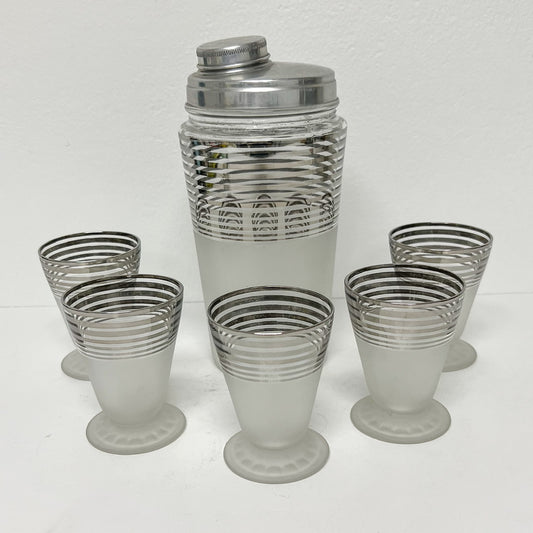 (25715) Ca. 1950's Silver Striped Frosted Shaker and Five Glasses