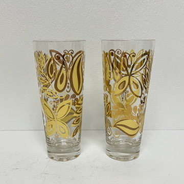(21105) Set of Six Midcentury Flared Tumblers With Leaves And Butterflies