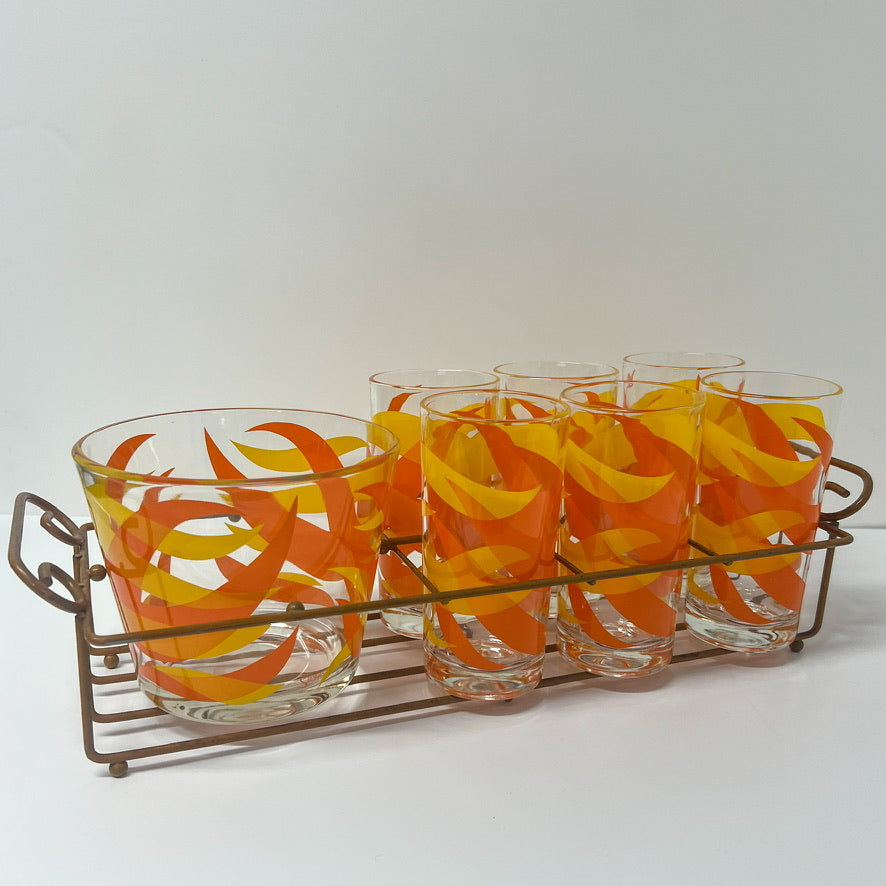 (19908) Set of Six Midcentury Starlyte Orange Tumblers And Ice Bowl In Rack