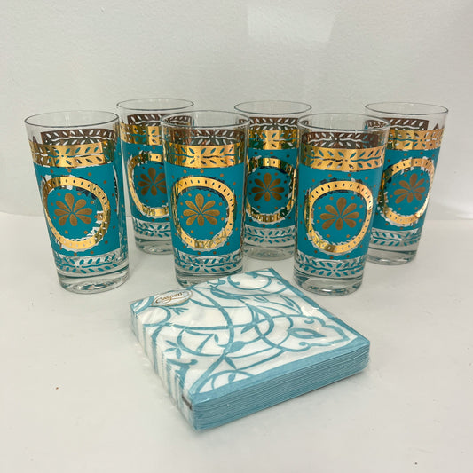 (21647) Set of Six Midcentury Gold & Teal Tumblers