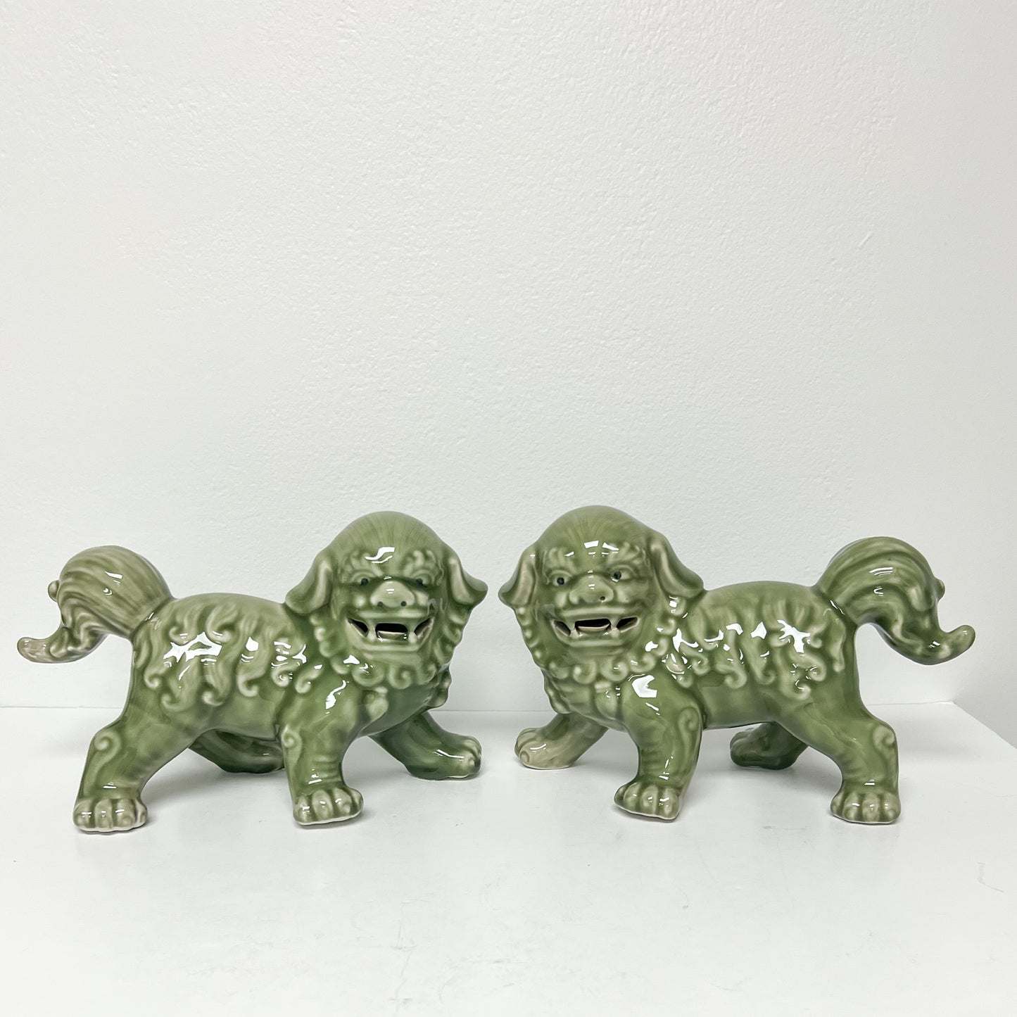 (26282) Pair of Deep Celadon Green Foo Dogs on All Fours