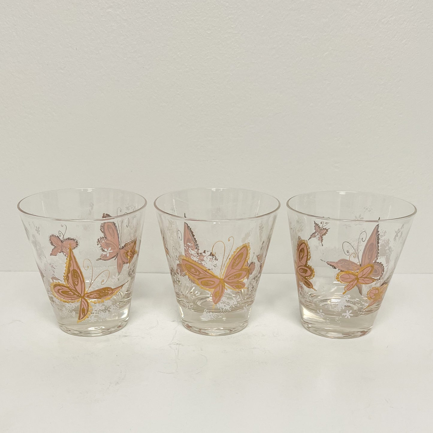 (24956) Set of Five Midcentury Pink Butterfly Rocks Glasses