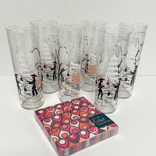 (23335) Set of Six Pink and Black Asian Themed Collins Glasses